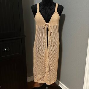 Crochet Knit Long Cardigan Sweater M Sleeveless Boho Cottagecore Beachy Neutral